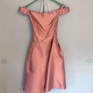 Off the shoulder dress. Scrunched straps. Blush